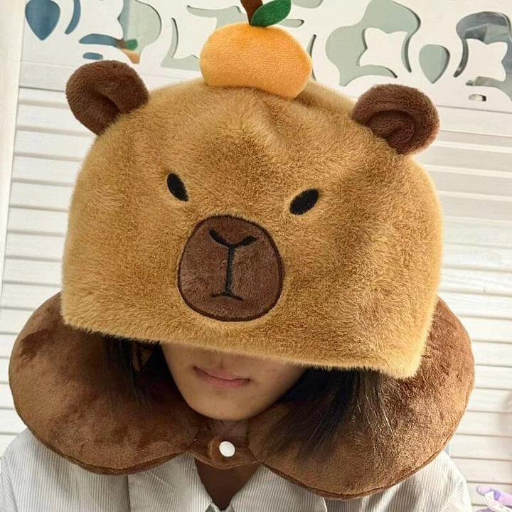 Oreiller en peluche en forme de U Cuteee Family Kawaii Capybara Oreiller à capuche pour le cou pour les voyages, le bureau, la sieste